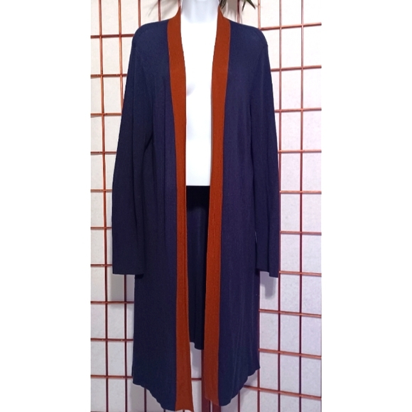 Eileen Fisher Slit Side Tencel/Silk-Blend Long Cardigan - Navy Blue/Brown - Picture 13 of 16